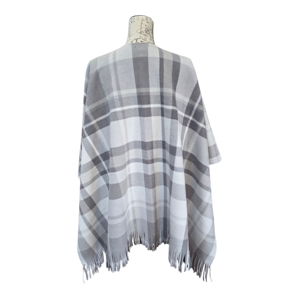Rachel Roy Gray White Plaid Fleece Fringed Wrap Poncho Cape - Picture 3 of 7